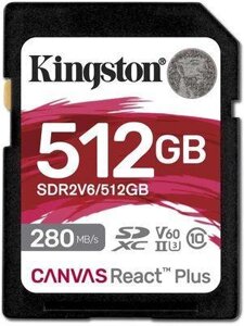 Карта памяти SDXC UHS-II Kingston Canvas React Plus 512 ГБ, 280 МБ/с, Class 10, SDR2V6/512GB, 1 шт., без адаптера