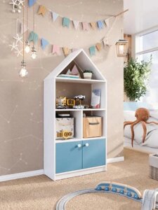 Стеллаж детский для игрушек и книг Домик шкаф в детскую комнату игровой деревянный с дверцами синий