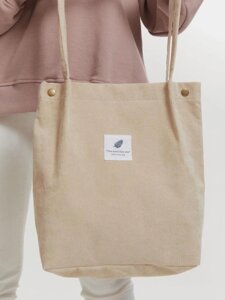 Сумка шоппер женская хозяйственная вельветовая пакет с карманами застежкой через плечо летняя бежевая