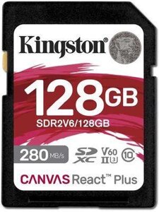 Карта памяти SDXC UHS-II Kingston Canvas React Plus 128 ГБ, 280 МБ/с, Class 10, SDR2V6/128GB, 1 шт., без адаптера