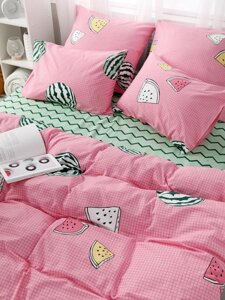 Комплект постельного белья двуспальный NS21 розовое бязевое цветное с европростыней рисунком бязь