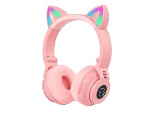 Наушники детские беспроводные Borofone BO18 Cat розовые с ушками подсветкой для девочки
