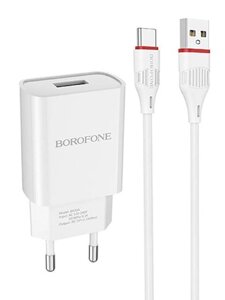 Borofone BA20A Sharp 1xUSB 2.1А + кабель Type-C White 6931474700742