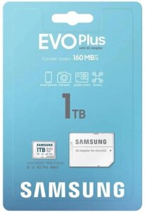 Карта памяти microSDXC UHS-I U3 Samsung EVO Plus 1024 ГБ, 160 МБ/с, Class 10, MB-MC1T0SA, 1 шт., переходник SD