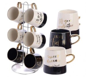Кружки для чая кофе керамические LORAINE чайный кофейный набор из 6 чашек на подставке подарочный