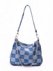 Джинсовая сумка синяя женская из денима джинсы багет тканевая в клетку сумочка через плечо клетчатая
