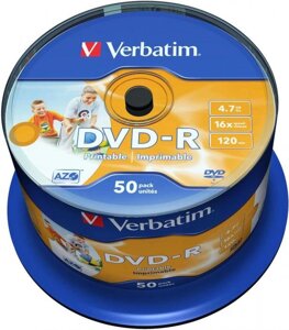 Оптический диск DVD-R Verbatim 4.7ГБ 16x, 50шт., cake box, printable [43533]