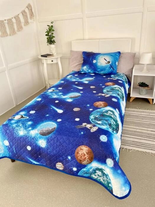 Покрывало космос детское полутороспальное 145x210 одеяло полуторное хлопок поплин гипоаллергенное синее от компании 2255 by - онлайн гипермаркет - фото 1