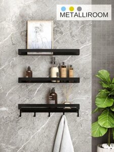 Полки настенные для ванной комнаты прямые VS33 черные полочки металлические навесные с крючками
