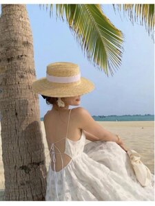 Шляпа женская летняя пляжная соломенная с узкими полями шляпка головной убор на лето от солнца