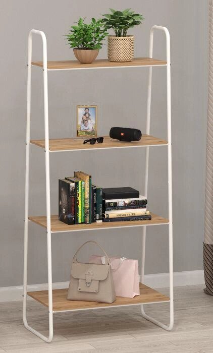Стеллаж металлический лофт скандинавия для книг дома VS32 белый напольный книжный с деревянными полками от компании 2255 by - онлайн гипермаркет - фото 1