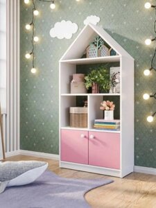 Стеллаж в детскую комнату для игрушек ребенка книг Домик шкаф игровой напольный деревянный с дверцами розовый