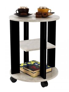 Столик журнальный круглый на колесиках кофейный чайный приставной с полкой стол из дерева прикроватный