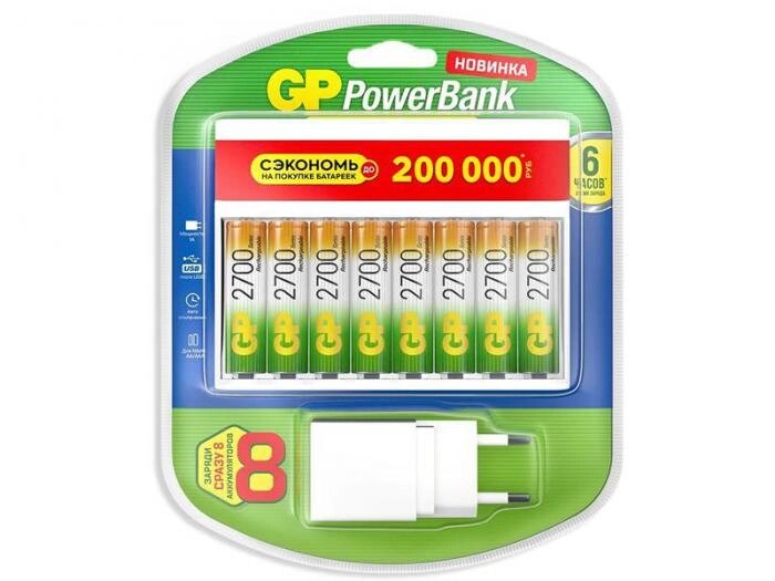 Зарядное устройство GP + 8 аккумуляторов АА 2700mAh 270AAHC/CPBXL-2CR8 24/96 от компании 2255 by - онлайн гипермаркет - фото 1