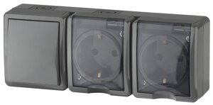 Блок две розетки+выключатель IP54, 16A (10AX)-250В, ОУ, Эра Эксперт, серый 5/50 Б0027674 Эра 11-7403-03