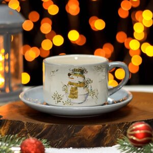 Чайная пара: чашка 210мл, блюдце (d)15см Доляна Рождественский снеговик 6249618