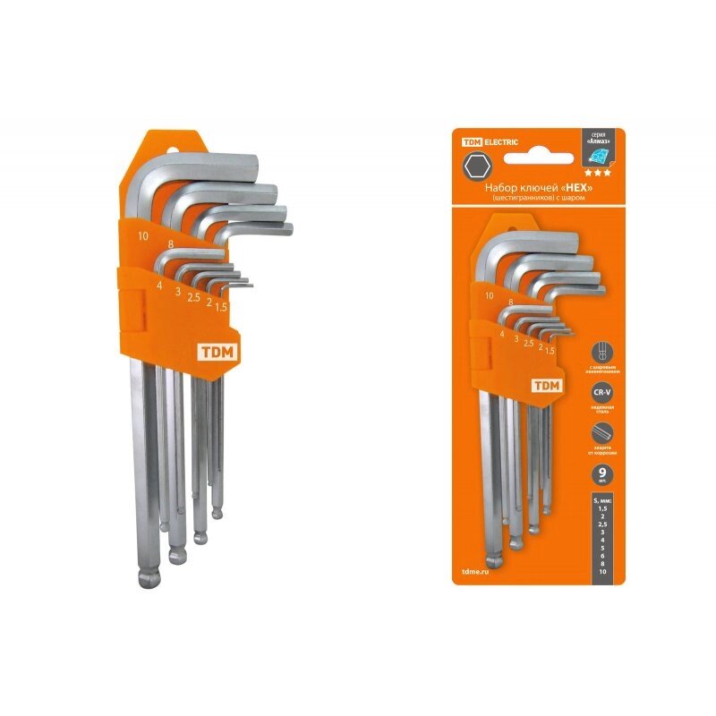 Набор ключей "HEX" 9 шт.: 1.5-10 мм, длинные с шаром,(держатель в блистере), CR-V сталь"Алмаз" от компании ООО «ТВК Ритейл» - фото 1