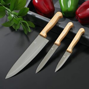 Набор кухонный "Wood"3 ножа, лезвия 9,5-13,4-16,9см Доляна 9228554