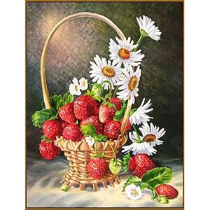 Алмазная мозаика "Корзинка с ромашками и клубникой", 2026см, 27 цветов