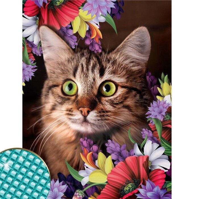 Алмазная вышивка с полным заполнением "Кот в цветах" 30х40 см, холст, ёмкость от компании Интернет-гипермаркет «MOLL» - фото 1