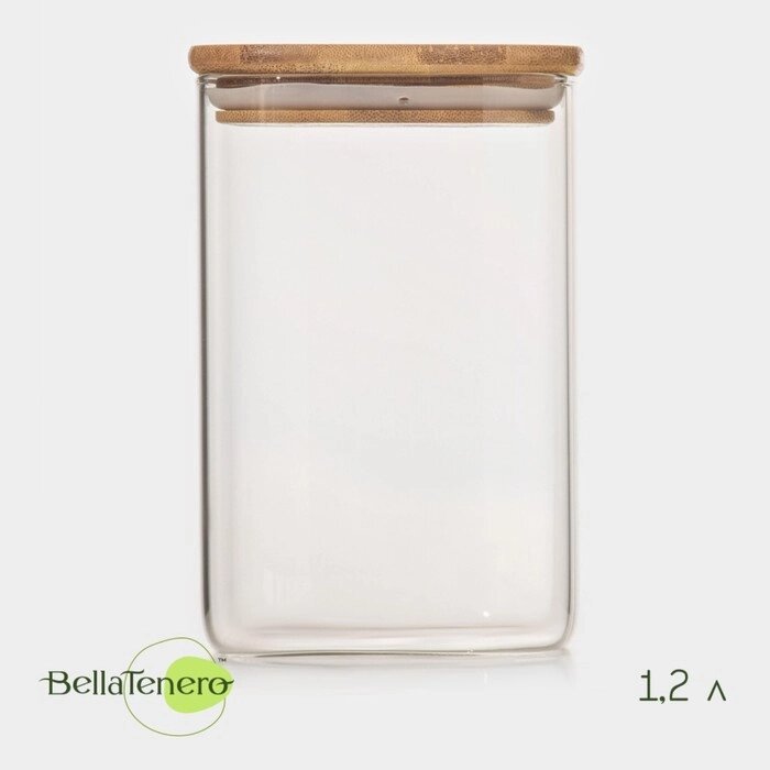 Банка стеклянная для сыпучих продуктов с бамбуковой крышкой BellaTenero "Эко. Квадратная" 1,2 л, 1015,5 см от компании Интернет-гипермаркет «MOLL» - фото 1