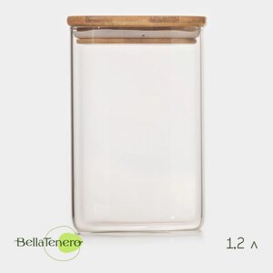 Банка стеклянная для сыпучих продуктов с бамбуковой крышкой BellaTenero "Эко. Квадратная" 1,2 л, 1015,5 см