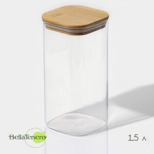 Банка стеклянная для сыпучих продуктов с бамбуковой крышкой BellaTenero "Эко. Квадратная", 1,5 л, 1021 см