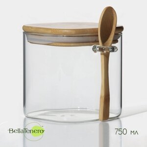 Банка стеклянная для сыпучих продуктов с бамбуковой крышкой и ложкой BellaTenero "Эко" 750 мл, 11,51011 см
