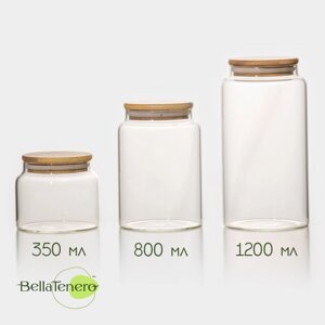 Банки стеклянные для сыпучих продуктов с бамбуковой крышкой BellaTenero "Эко", 350/800/1200 мл