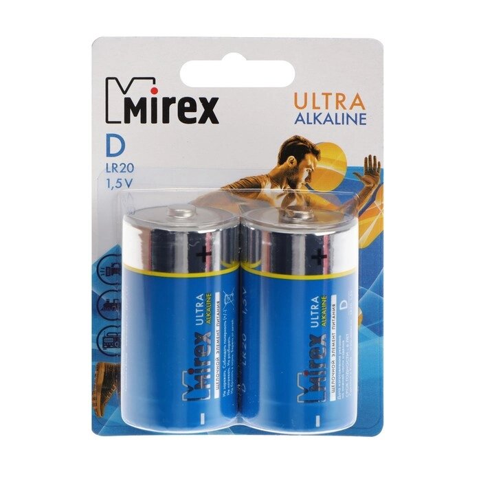 Батарейка алкалиновая Mirex, D, LR20-2BL, 1.5В, блистер, 2 шт. от компании Интернет-гипермаркет «MOLL» - фото 1