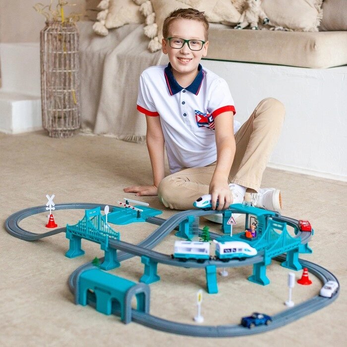 Большая игрушечная железная дорога "Мой город", 104 предмета, бирюзовая от компании Интернет-гипермаркет «MOLL» - фото 1