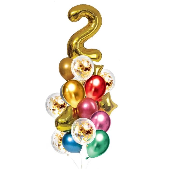 Букет из шаров "День рождения – 2 года", фольга, латекс, набор 21 шт., цвет золотой от компании Интернет-гипермаркет «MOLL» - фото 1
