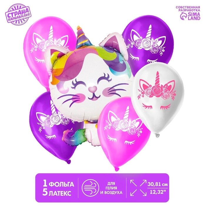 Букет из шаров "С днём рождения", котик-единорог, фольга, латекс, набор 6 шт., цвета МИКС от компании Интернет-гипермаркет «MOLL» - фото 1