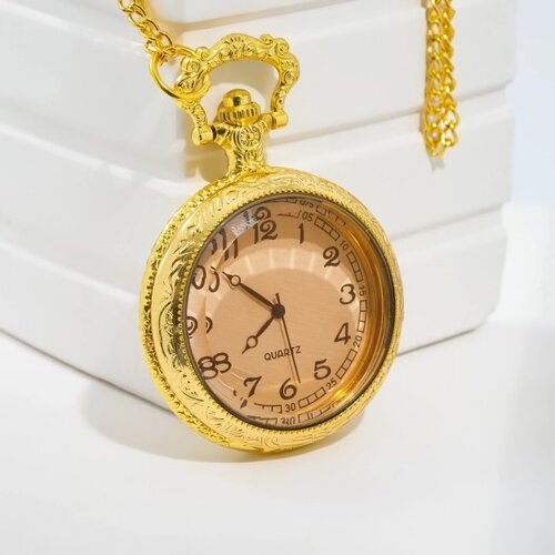 Часы карманные "Классика", кварцевые, на цепочке, крышка прозрачная, d=4.5 см, золотые