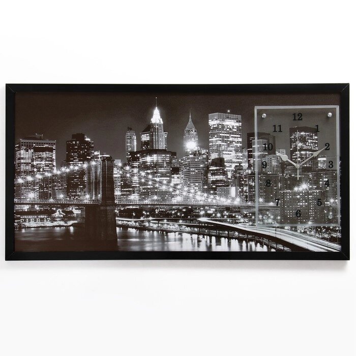 Часы-картина настенные, серия: Город, "Ночной Нью-Йорк", черно-белый 50х100  см, микс от компании Интернет-гипермаркет «MOLL» - фото 1