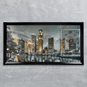 Часы-картина настенные, серия: Город, "Ночной Сингапур", 50х100 см, микс