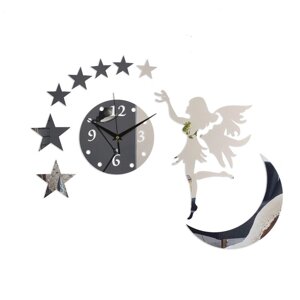 Часы - наклейка "Фея на луне", 38.5 х 55 см, 1 ААА, серебро