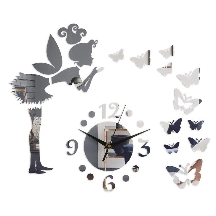 Часы - наклейка "Фея с бабочками", 60 х 60 см, 1 ААА, серебро от компании Интернет-гипермаркет «MOLL» - фото 1