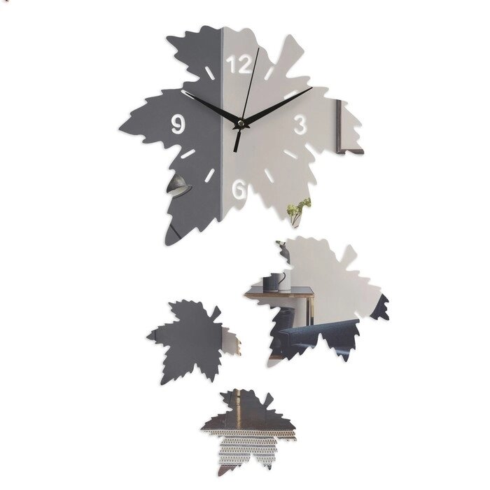 Часы - наклейка "Кленовый лист", 25 х 28 см, композиция 56 х 33 см, 1 ААА, серебро от компании Интернет-гипермаркет «MOLL» - фото 1