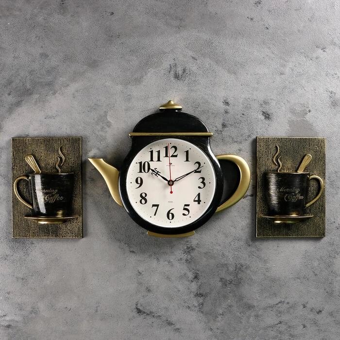 Часы настенные "Чайник и две чашки", корпус чёрный с золотом, 29х34см от компании Интернет-гипермаркет «MOLL» - фото 1