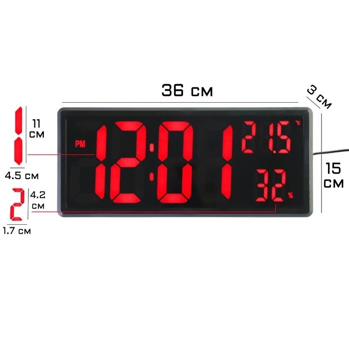 Часы настенные электронные, 36 х 15 х 0.3 см, термометр, гигрометр, красная индикация от компании Интернет-гипермаркет «MOLL» - фото 1