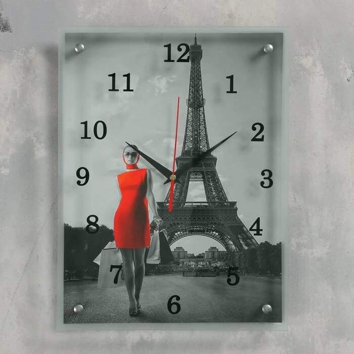 Часы настенные, серия: Город, "Девушка в красном платье в Париже", 30х40  см, микс от компании Интернет-гипермаркет «MOLL» - фото 1