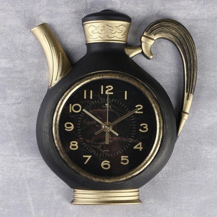 Часы настенные, серия: Кухня "Чайник" 26,5х24 см, корпус чёрный с золотом от компании Интернет-гипермаркет «MOLL» - фото 1
