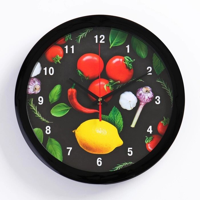 Часы настенные, серия: Кухня "Овощи на черном фоне" обод чёрный, 28х28 от компании Интернет-гипермаркет «MOLL» - фото 1
