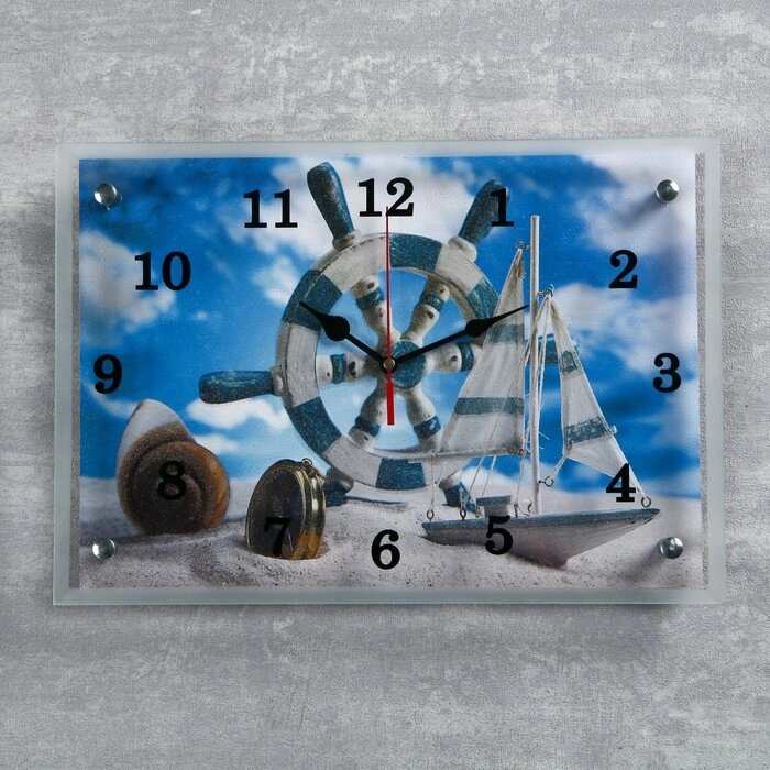 Часы настенные, серия: Море, "Штурвал и яхта на песке", 25х35  см, микс от компании Интернет-гипермаркет «MOLL» - фото 1
