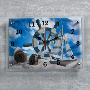 Часы настенные, серия: Море, "Штурвал и яхта на песке", 25х35 см, микс