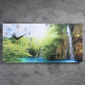 Часы настенные, серия: Природа, на холсте "Лесной водопад", 40х76 см, микс