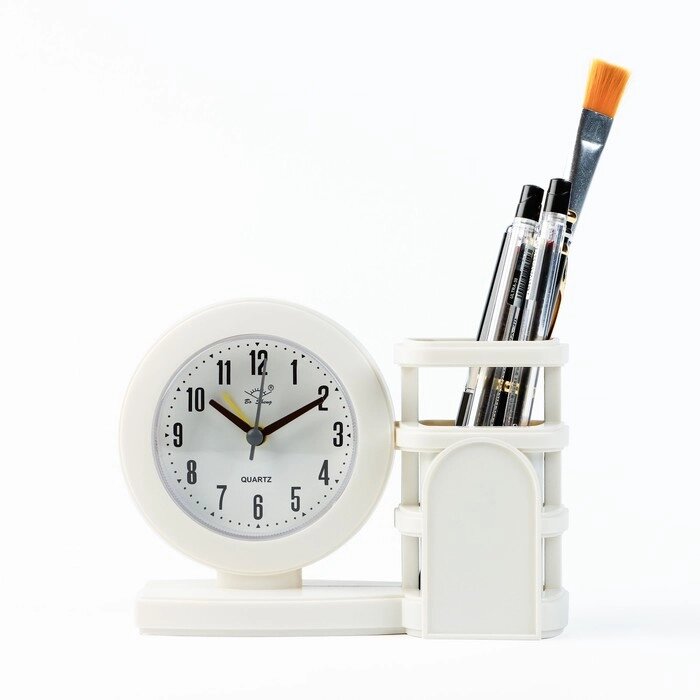Часы настольные, дискретный ход, d-10 см, с органайзером, 15 х 5 х 11 см, белые от компании Интернет-гипермаркет «MOLL» - фото 1