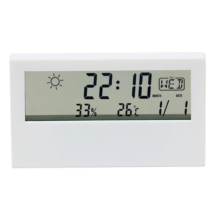 Часы настольные электронные: будильник, термометр, календарь, гигрометр, 13.3х7.4 см, белые от компании Интернет-гипермаркет «MOLL» - фото 1