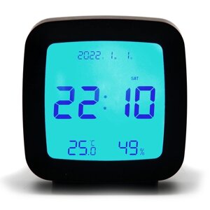 Часы настольные электронные: будильник, термометр, календарь, гигрометр, 7.8х8.3 см, черные